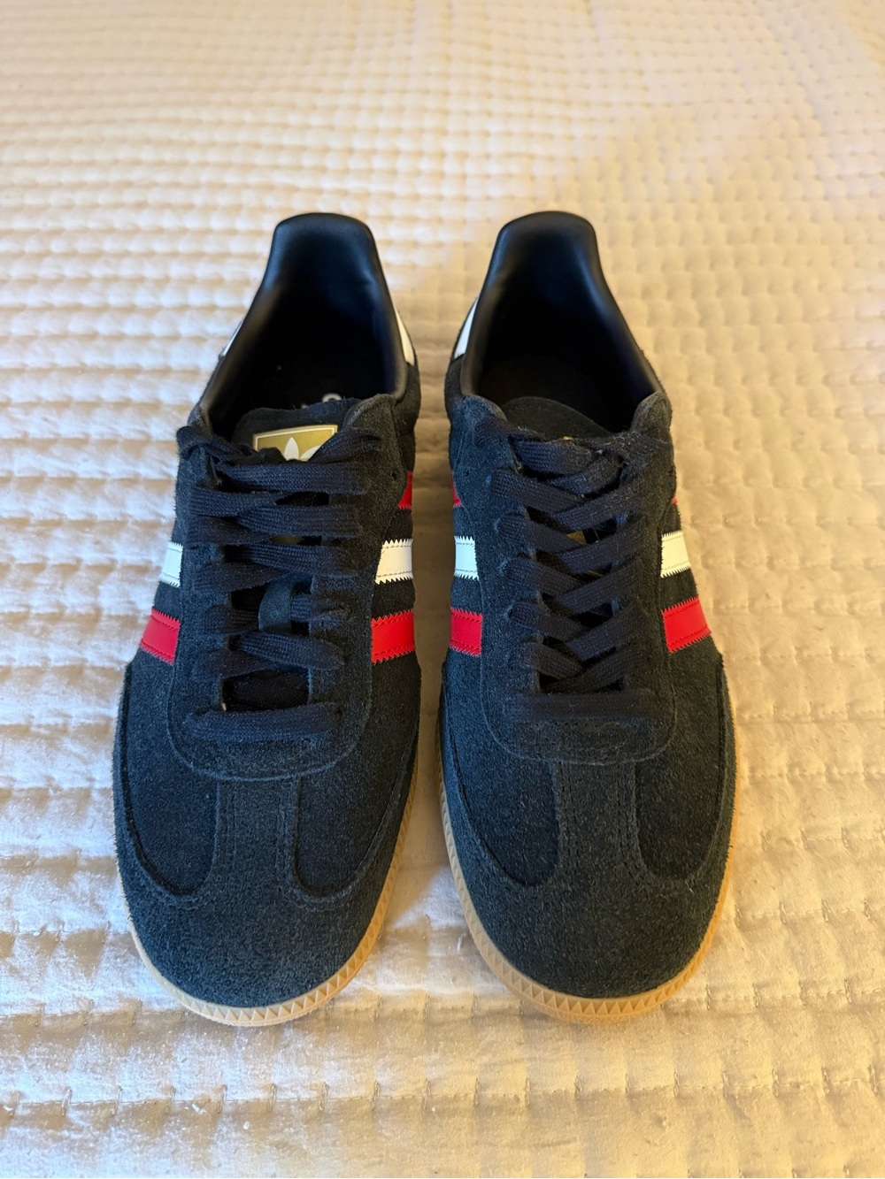 adidas sambas Black Suede Sneakers with Red and White Stripes